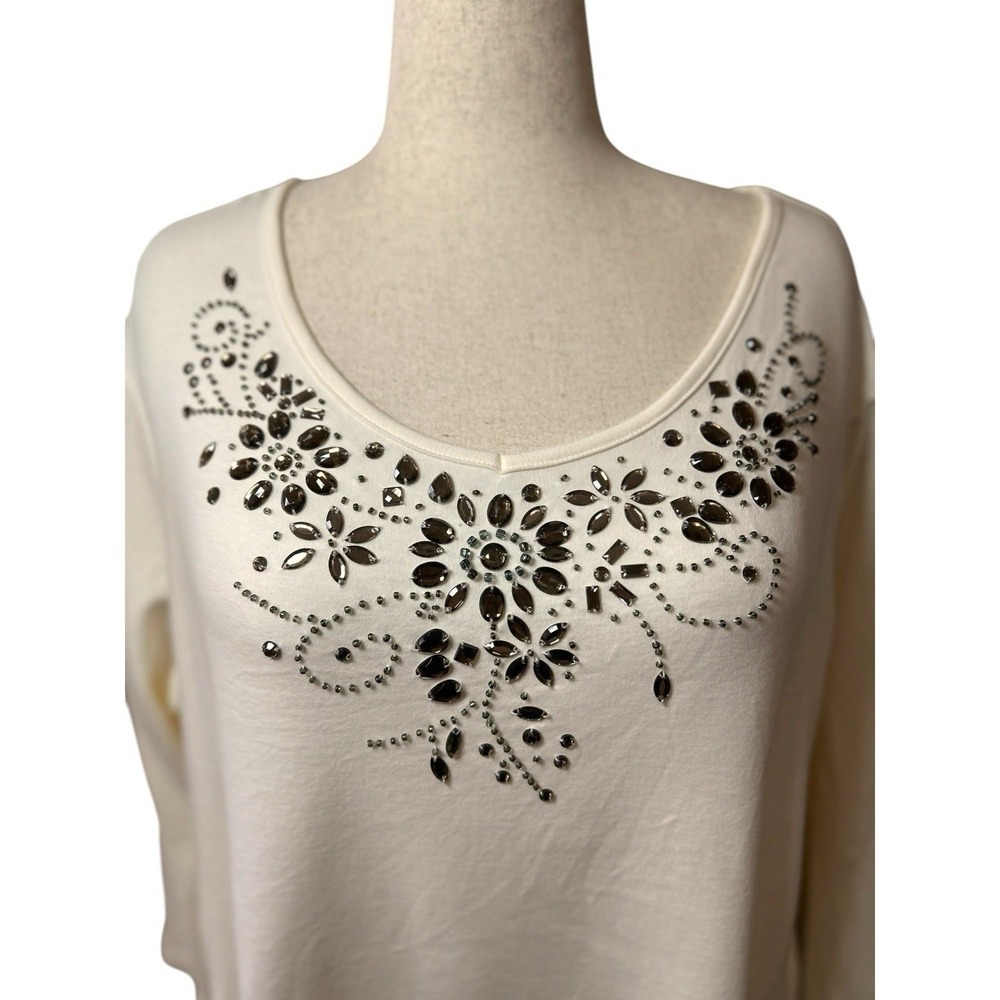 Quaker Factory Cotton Embellished Top Rhinestone Pull Over Stretch Comfort 2X